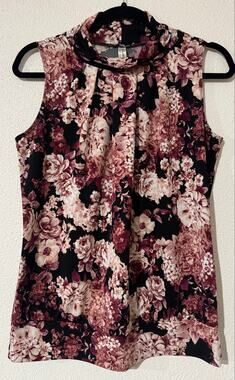 PerSeption Concept Floral Mock Neck Blouse M Burgundy Pink Bubble Hem Sleeveless